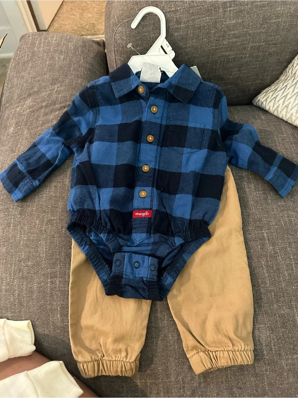 Wrangler Blue and Navy Plaid Baby Onesie with Tan Pants